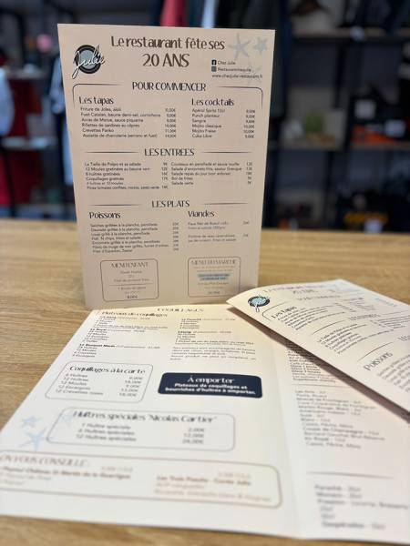 Menus lavables et indéchirables pour le restaurant Chez Julie à Bouzigues, proche de Méze Hérault, Région Occitanie