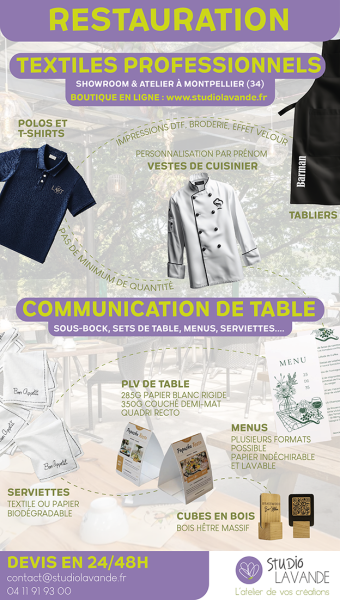 Textiles personnalisés et communication de table pour restaurant à Montpellier et dans toute l'Occitane