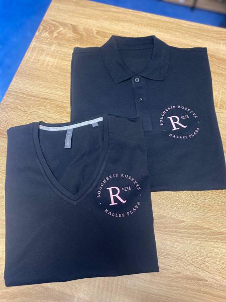 Fourniture, impression DTF et broderie sur tee-shirts et polaires pour la Boucherie Rosette à Montpellier en région Occitanie. Textiles professionnels personnalisés.